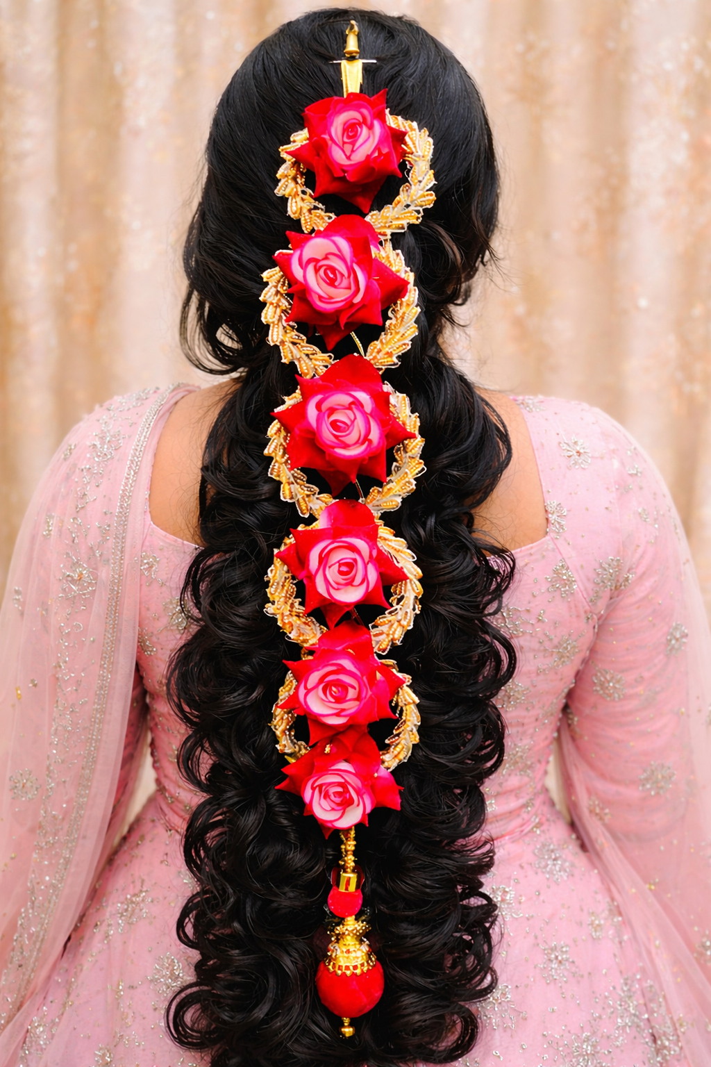 Elegant Red Rose Paranda for Women | Gold Plated Floral Hair Tassel | Bridal & Wedding Braid Accessory